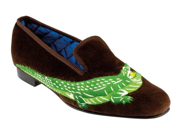 Alligator Motif Embroidered Velvet Slipper