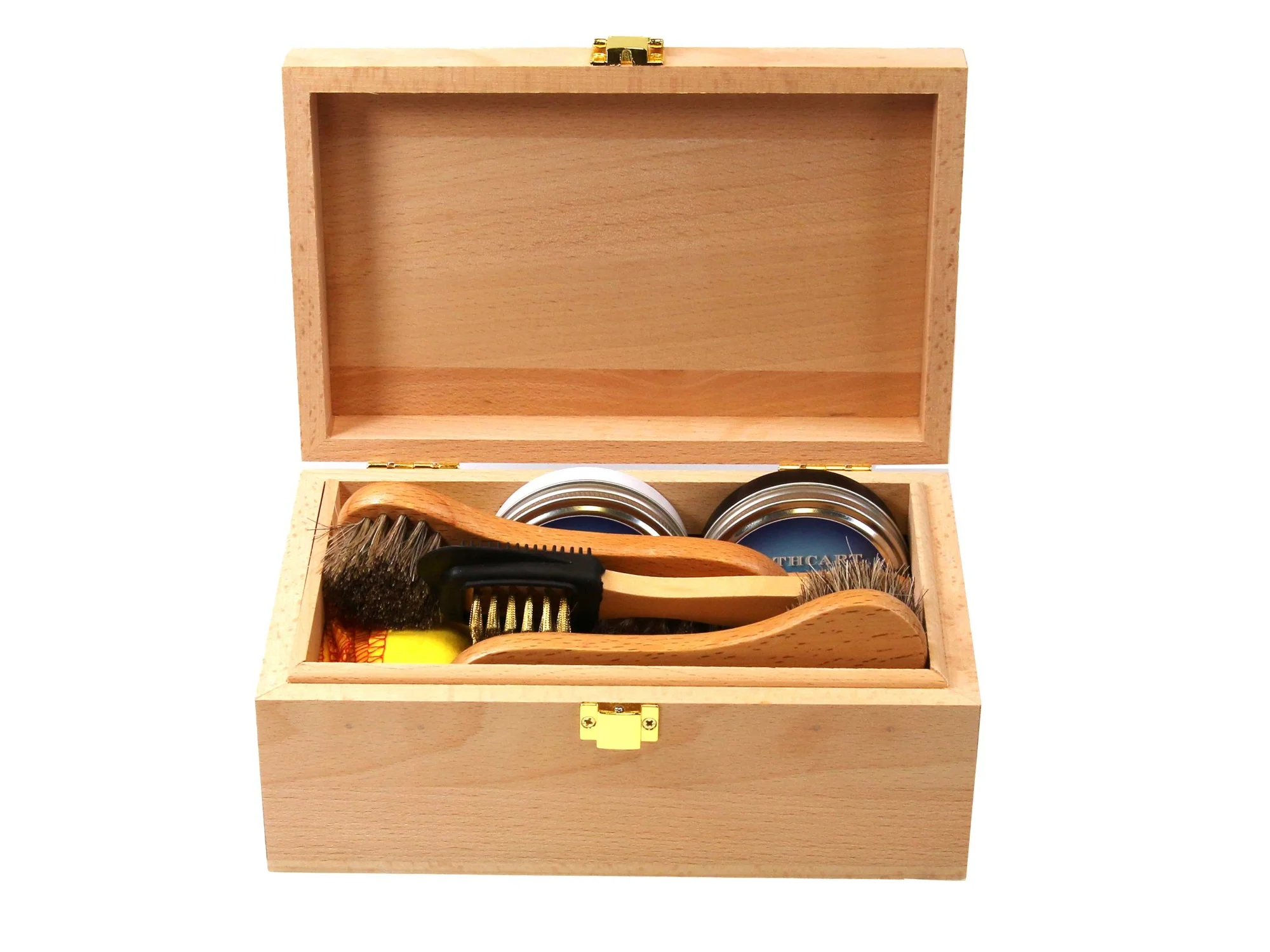 Personalisable Small Wood Valet Box Shoe Cleaning Kit with beeswax polish