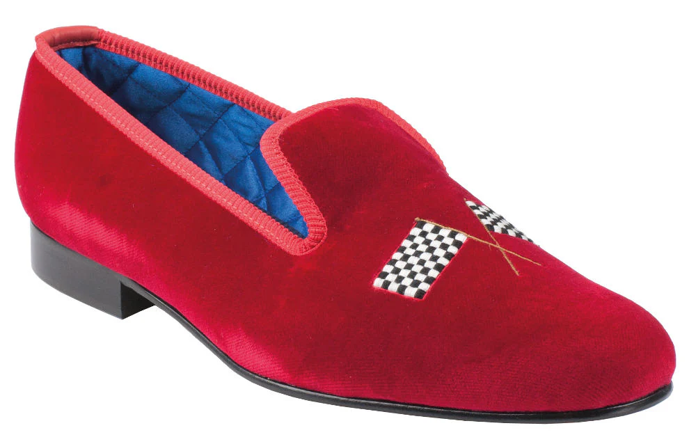 Chequered Flag Motif Embroidered Velvet Slipper