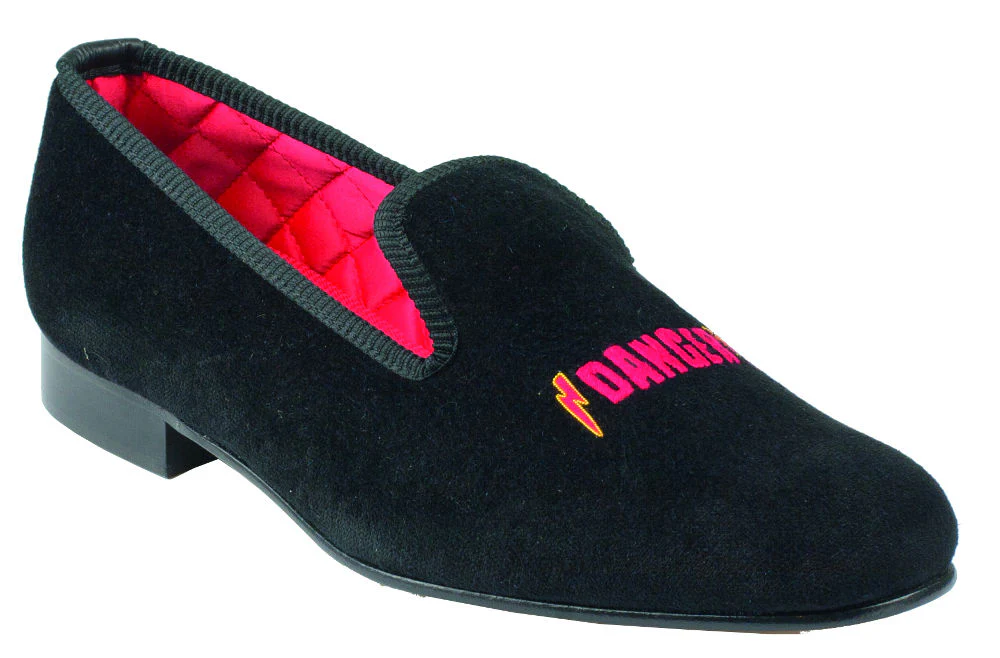 Danger Motif Embroidered Velvet Slipper
