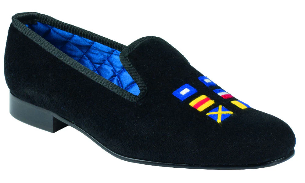 England Expects Motif Embroidered Velvet Slipper