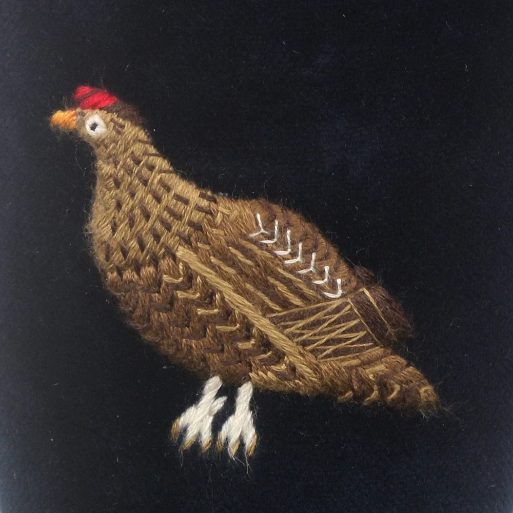 Grouse Motif Embroidered Velvet Slipper