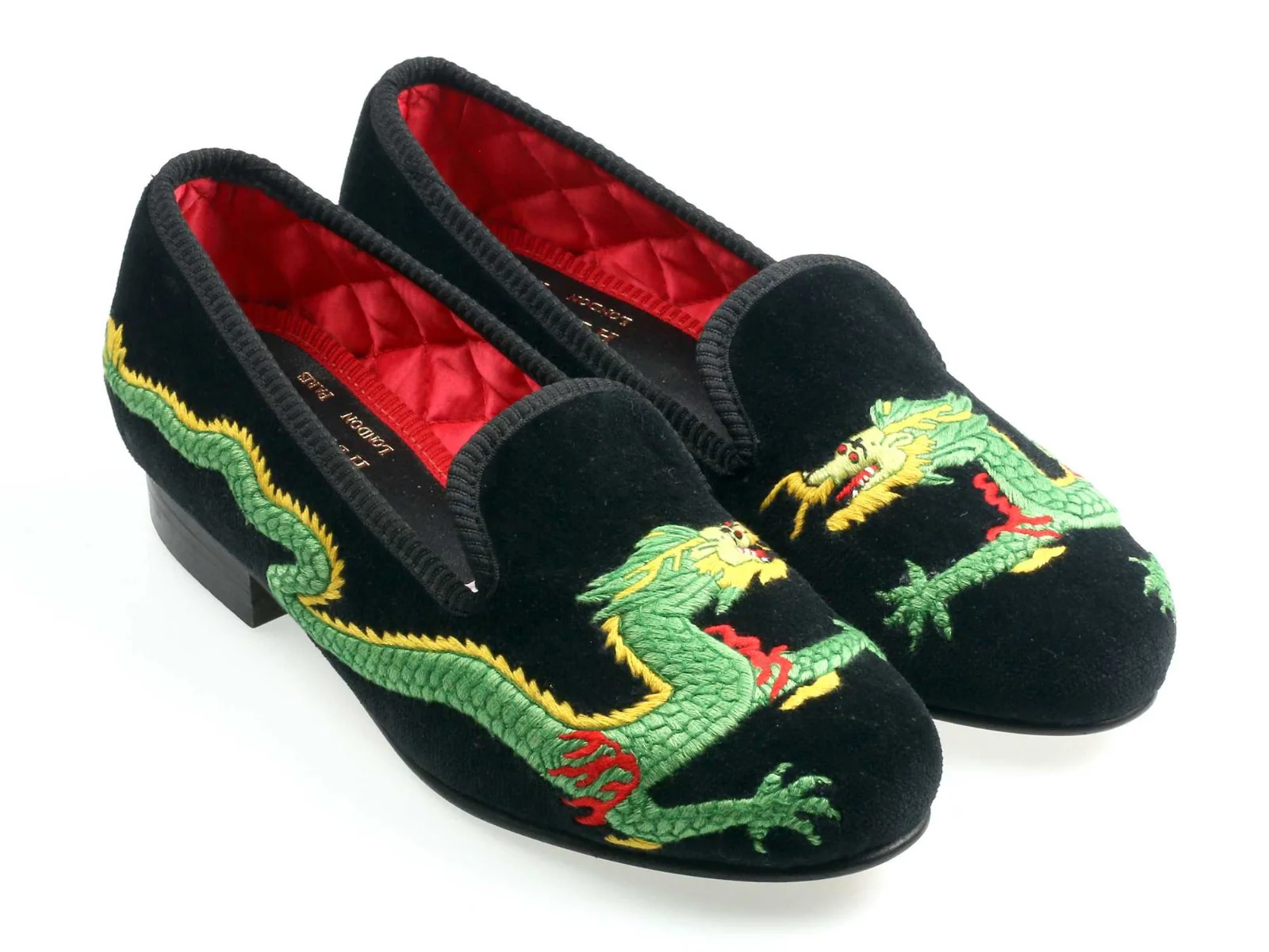 Ladies Dragon Motif Black Velvet Slipper - UK 2