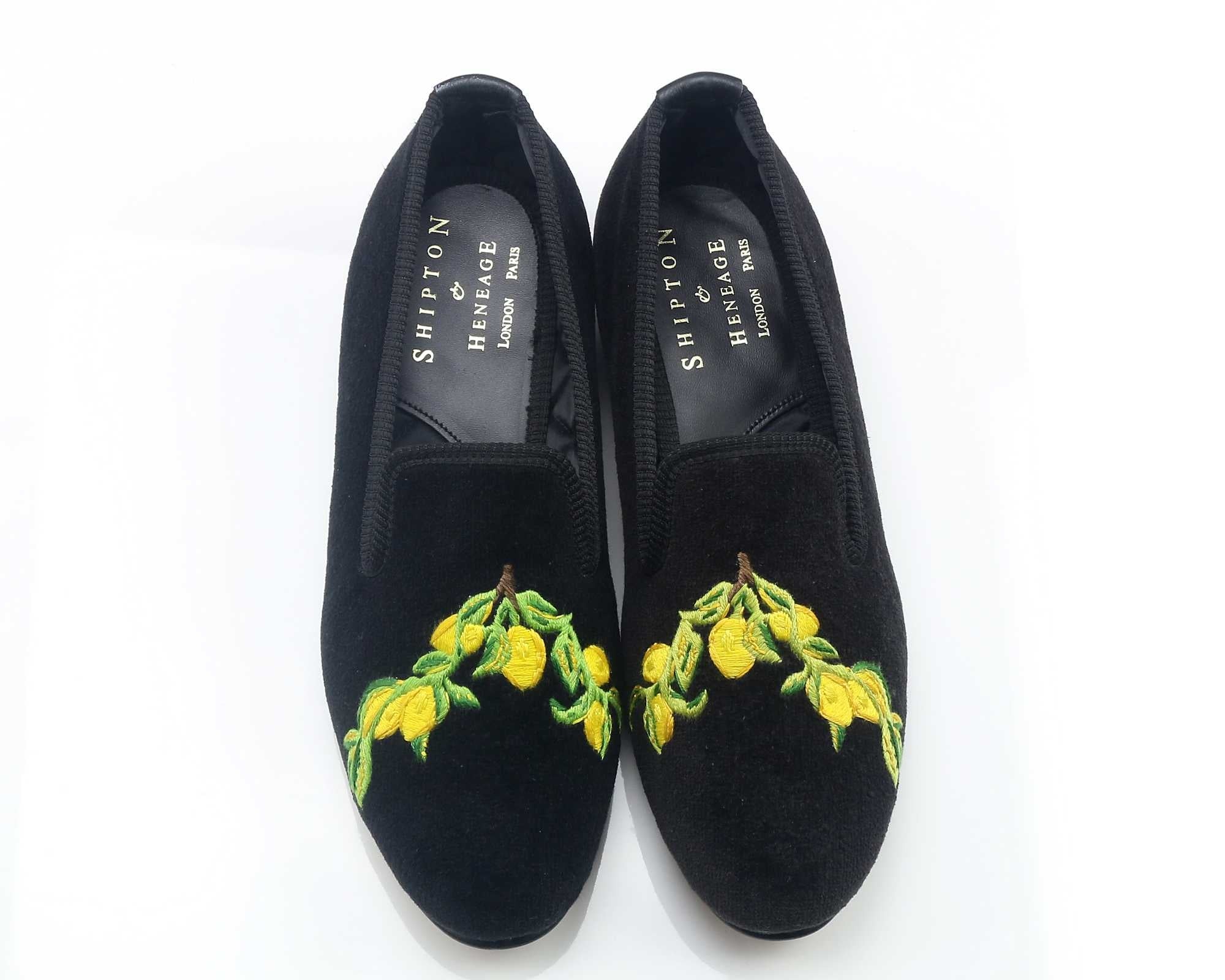 Ladies Lemons Motif Black Velvet Slipper - UK 4