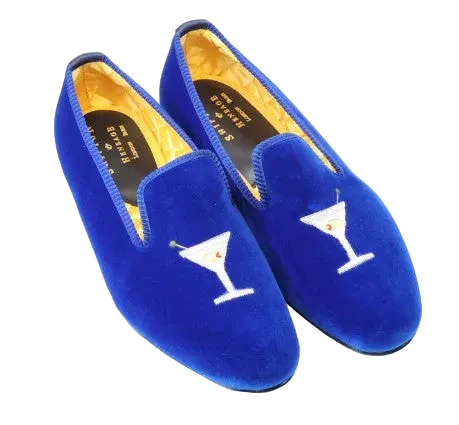 Mens Cocktail Motif Royal Blue Velvet Slipper - UK 9