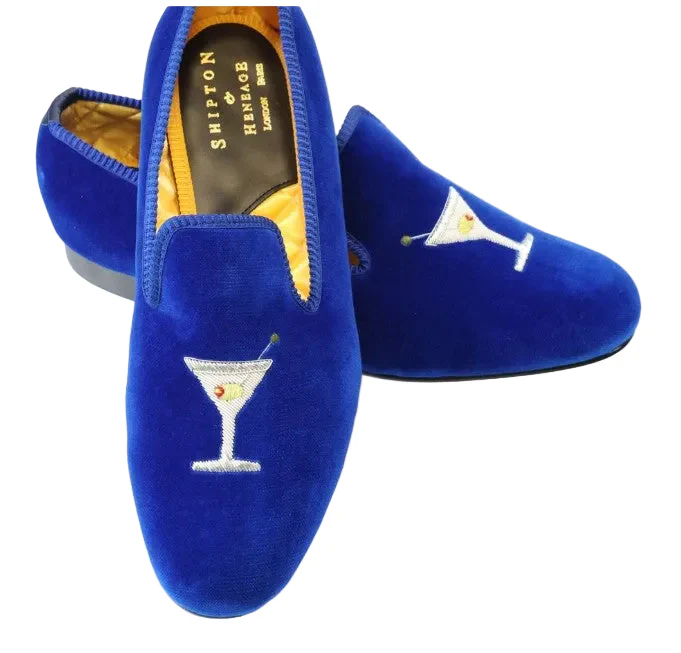 Mens Cocktail Motif Royal Blue Velvet Slipper - UK 9 - Image 2