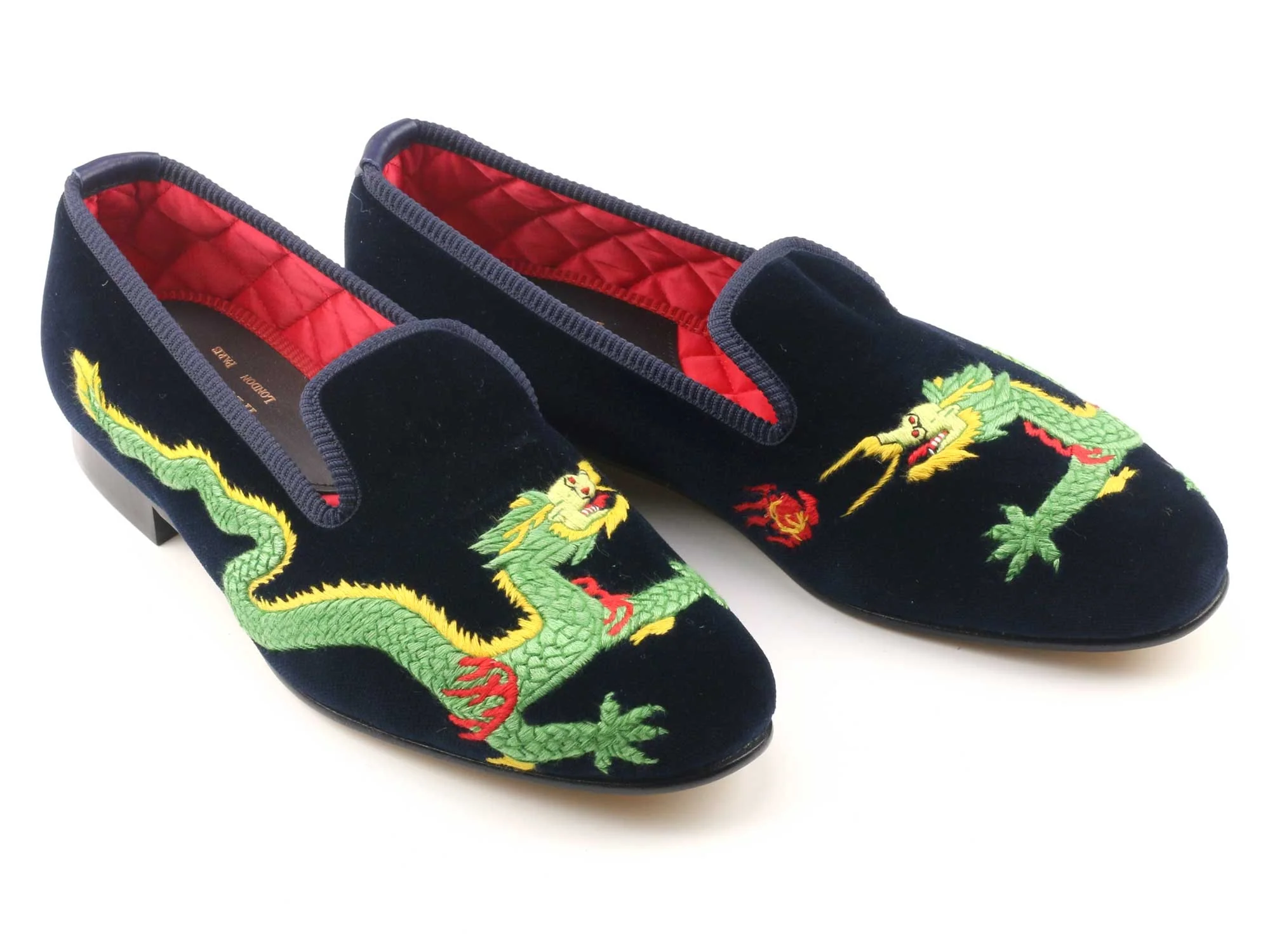 Mens Dragon Motif Navy Velvet Slipper - UK 9.5