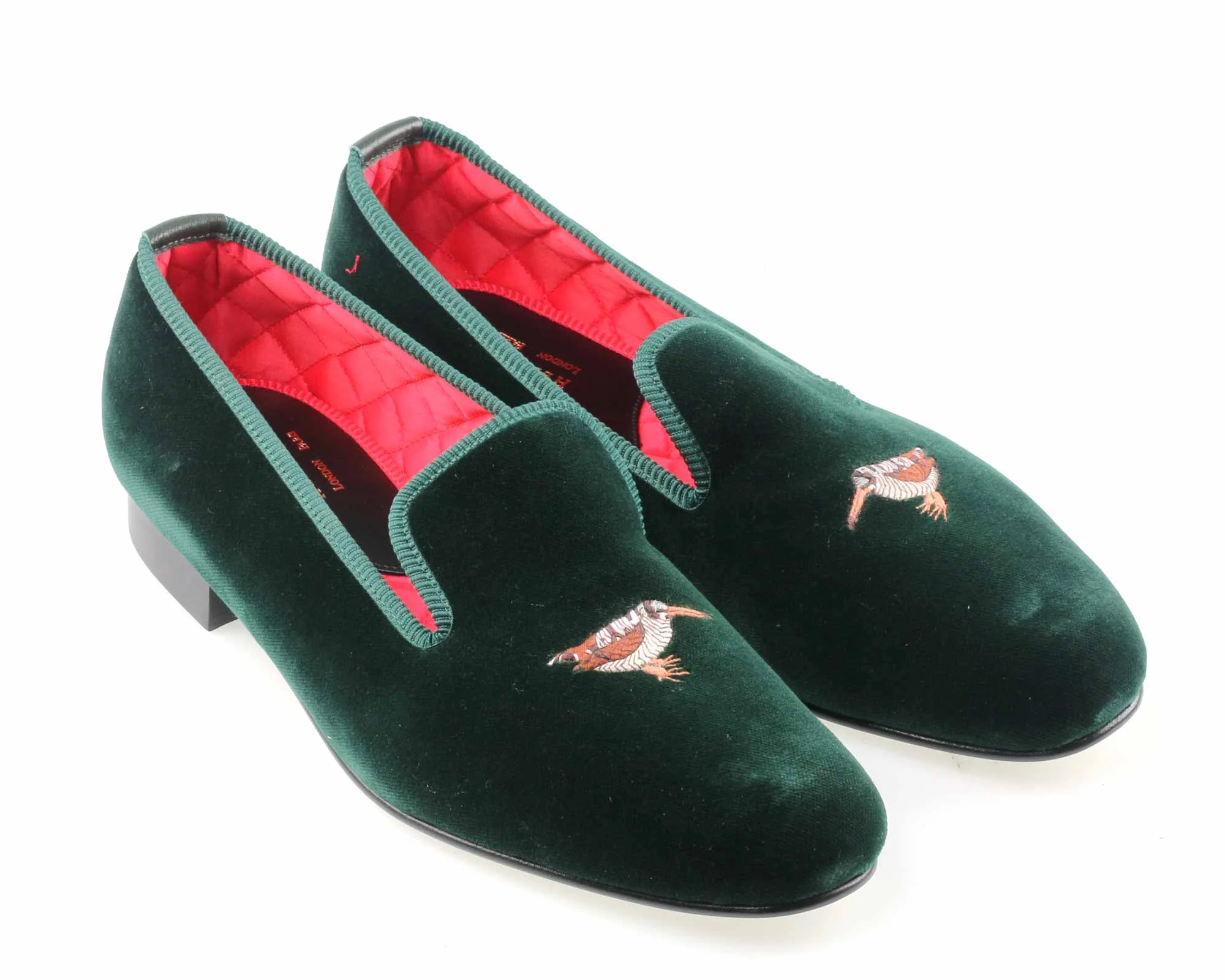 Mens Woodcock Motif Green Velvet Slipper - UK 13
