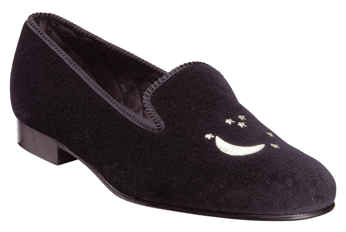Moon and Stars Motif Embroidered Velvet Slipper