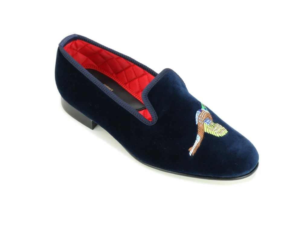 Pheasant Motif Embroidered Velvet Slipper
