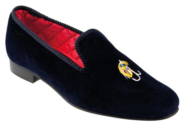 Salmon Fly Motif Embroidered Velvet Slipper