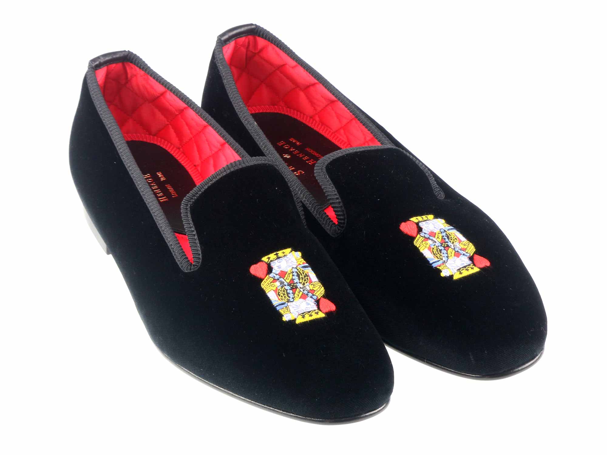 Mens WIDE King of Hearts Motif Black Velvet Slipper - UK 14