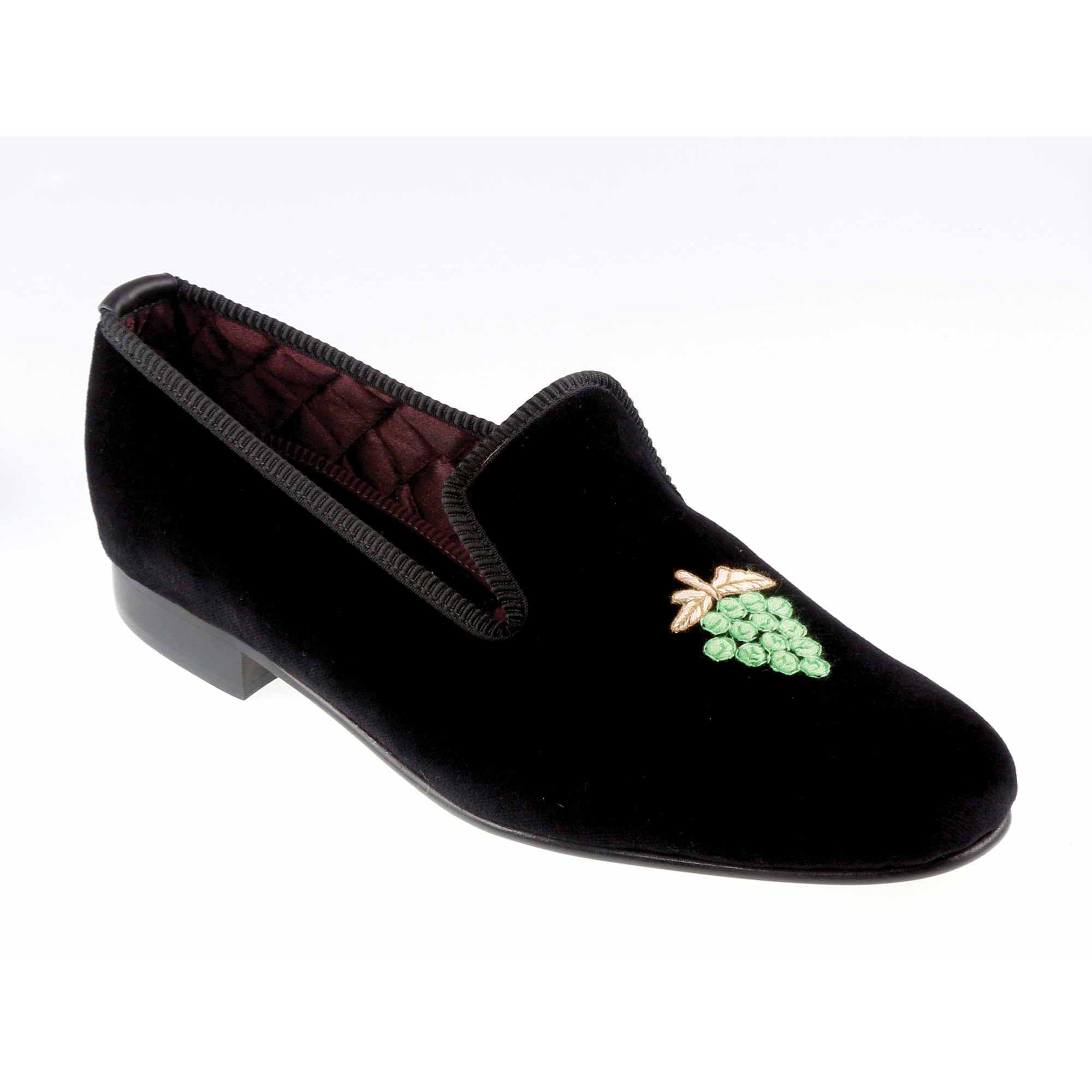 Mens Grapes Motif Black Velvet Slipper - UK 9.5